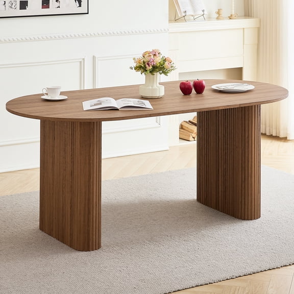 70.9" Large Brown Dining Table for 4 People, Rounded Edge, Pre-Assembled Base Modern Wood Kitchen Table for Apartment, Restaurant, Meeting & Study Room, Quick Setup，Brown