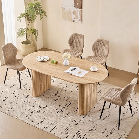 70.9" Large Dining Table Set for 4, [Rounded Edges] [Fully Assembled Table Base] Modern Wood Kitchen Dinner Table with 4 Boucle Chairs(Natural Table with 4 Brown Chairs)
