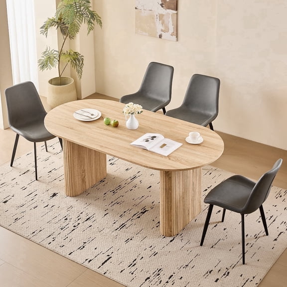 70.9" Large Dining Table Set for 4, [Rounded Edges] [Fully Assembled Table Base] Modern Wood Kitchen Dinner Table with 4 Synthetic Leather Chairs(Natural Table with 4 Grey Chairs)