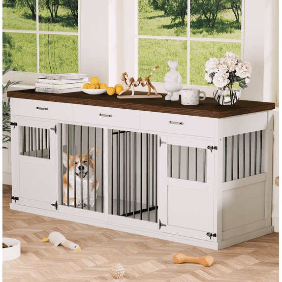 70.9" Large Double Dog Crate Furniture With 2 Drawers And Divider For 2 Medium Or Large Dogs, White