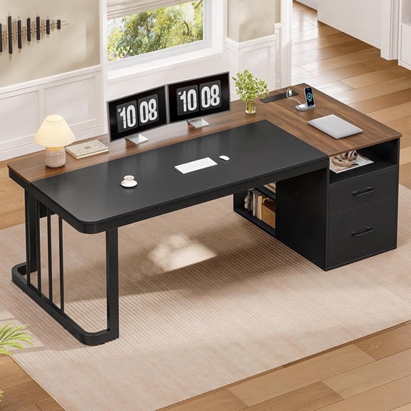 71" Large Executive Desk with Charging Stations, Modern Computer Desk with Drawers & File Cabinet, Home Office Workstation with Adjustable Shelves, Walnut