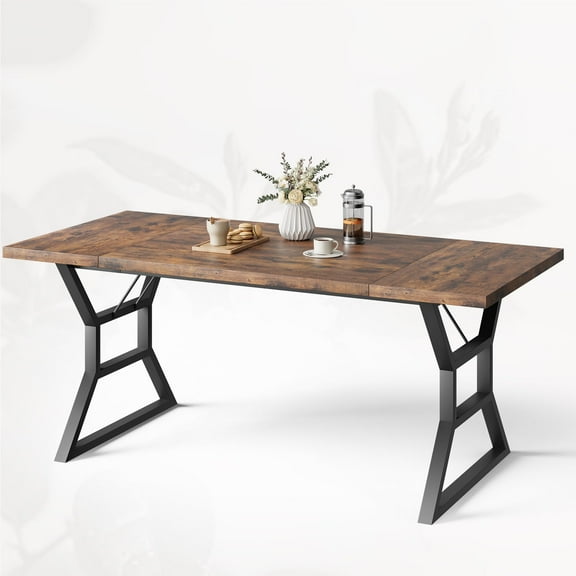 70.9" Large Farmhouse Dining Table for 6, Rectangular Wooden Kitchen Table with Heavy-Duty Metal Legs, Brown