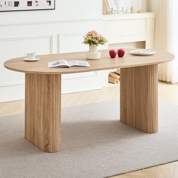 70.9" Large Natural Dining Table for 4 People, Rounded Edge, Pre-Assembled Base Modern Wood Kitchen Table for Apartment, Restaurant, Meeting & Study Room, Quick Setup，Natural