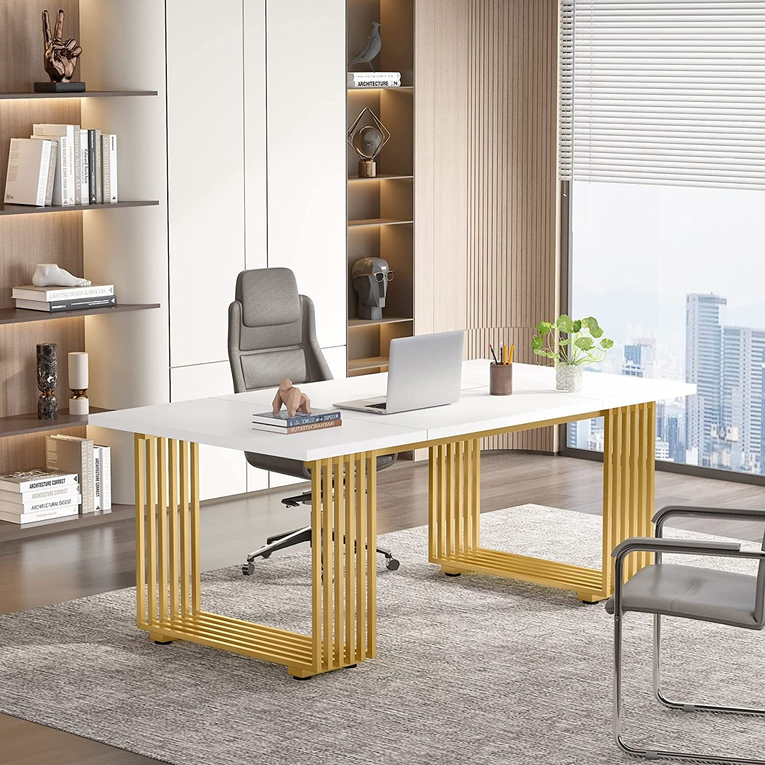 70.9" Modern Office Desk Wood Computer Desk, White Gold Executive Desk