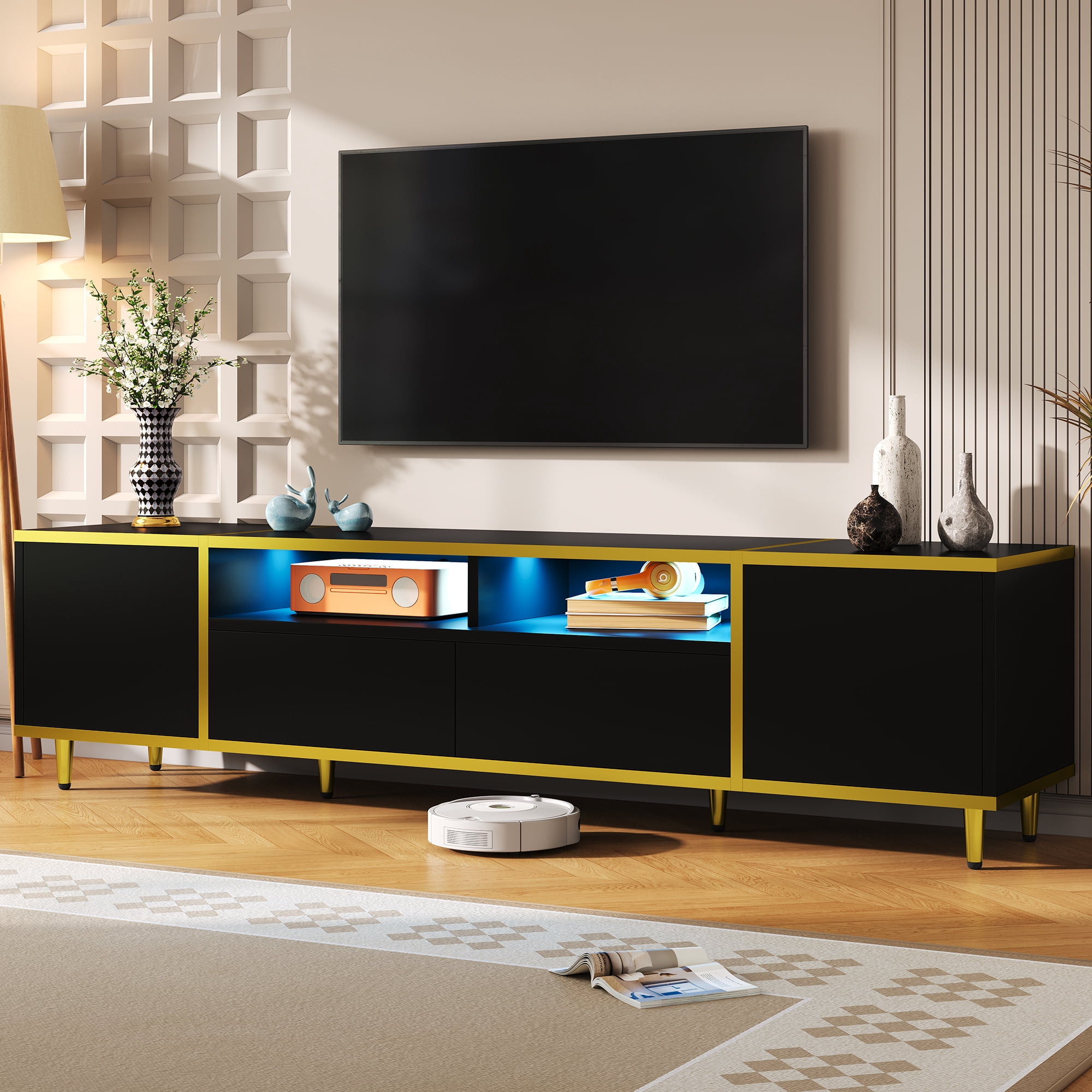 70.9" Modern TV Stand for TVs up to 80 Inches, Entertainment Center with 2 Shelves and LED Lights, TV Storage Cabinet with 2 Drawers, 2 Cabinets and Metal Legs for Living room