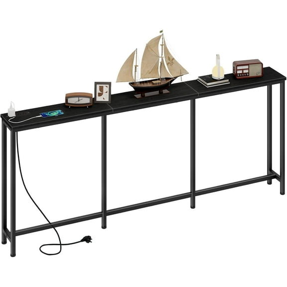 70.9" Narrow Console Table with Power Outlet 7.1" Skinny Sofa Table, Long Behind Couch with Station for Hallway, Room Black TXG18UBB
