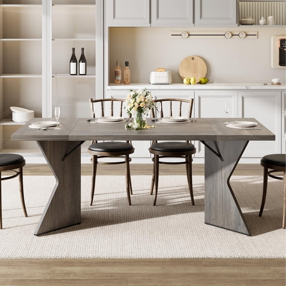 70.9" Rectangular Dining Table for 6 - V-Cut Leg Sturdy Kitchen Table with Thickened Top - Large Dining Furniture for Family & Party-Gray（Only Table）