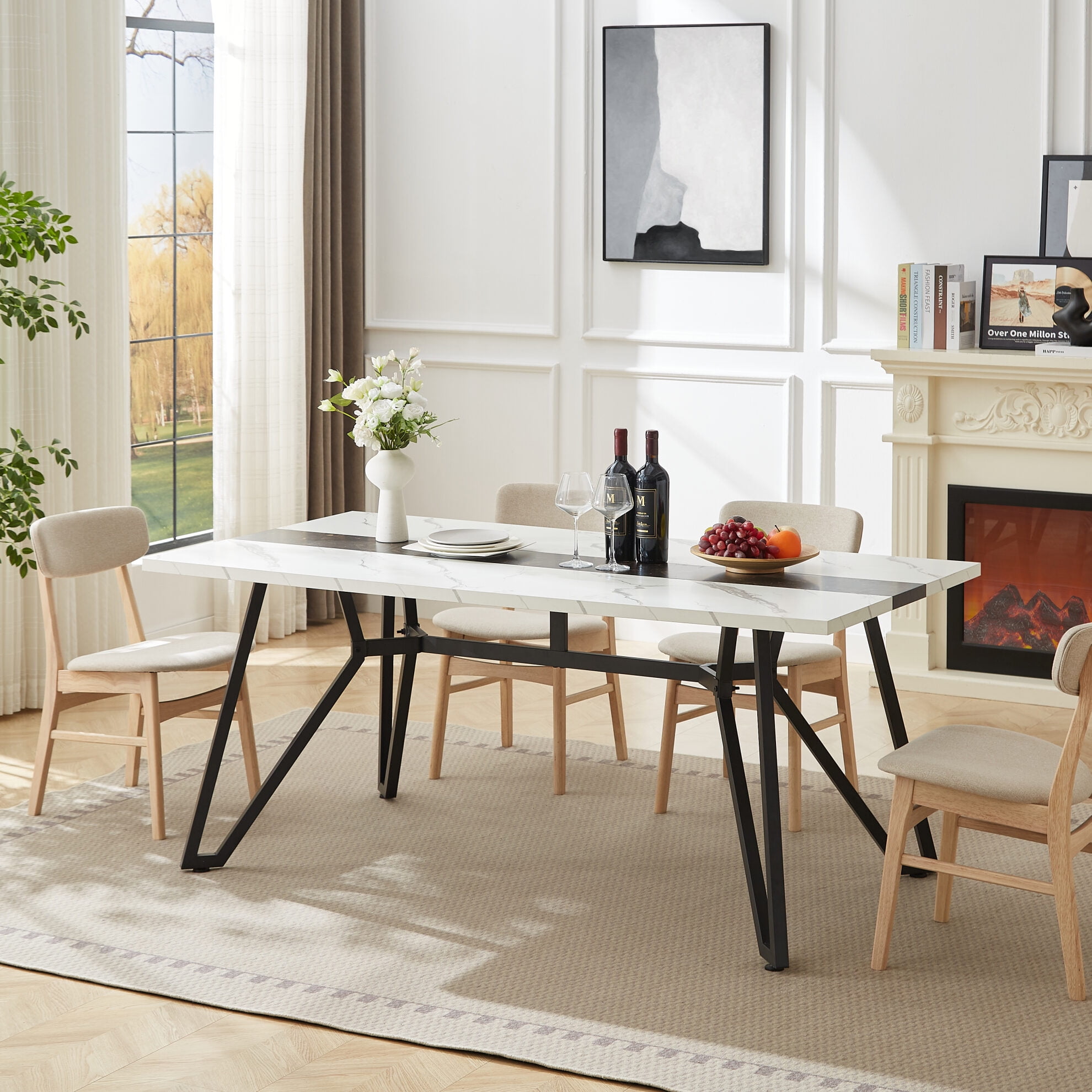 70.9" Rectangular Large Dining Table, Marble Grain Waterproof Large ...