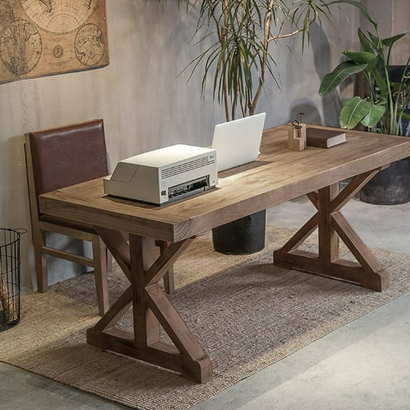 70.9" Rustic Farmhouse Computer Desk in Natural with Trestle Base Wooden Office Desk