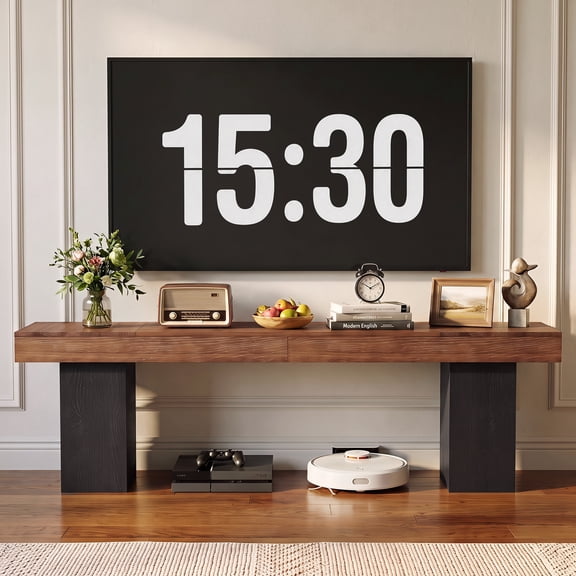 70.9" Solid Wood TV Stand for TVs up to 75", Natural Fir Media Console with Black Pedestal Base