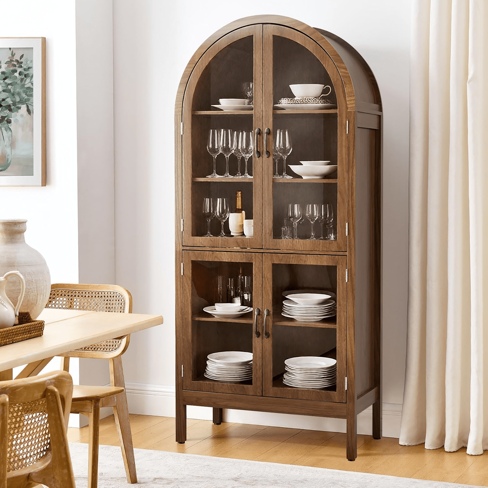 70.9"Tall Arched Display Cabinet with Acrylic Glass Doors, Modern Farmhouse Kitchen Pantry Cabinet, 5-Tier Versatile Cupboard for Living Dining Room(Walnut, 31.5"W)