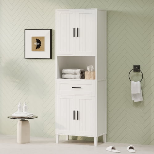 70.9" Tall Bathroom Cabinet Freestanding MDF Storage Unit with 4 Soft-Close Doors, Adjustable Shelves & Drawer, White Organizer for Bath Laundry Room