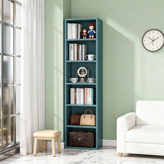 6-Tier Narrow Cube Bookcase, 70.9” Tall Blue Corner Shelf with Anti-Tip Kits, Modern Slim Storage Display Rack for Home Office, Living Room