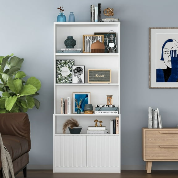 70.9" Tall Modern Bookshelves and Bookcase with Fluted Doors and Adjustable Shelves, Book Shelf with Storage Cabinet for Living Room, Office Bedroom,White