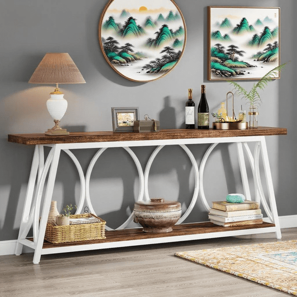 70.9" Vintage Rustic Console Table - Wood & Black Metal, 1.57" Particle Board with Bottom Shelf, 230lb Capacity for Living Room, Entryway, Behind Couch, Hallway