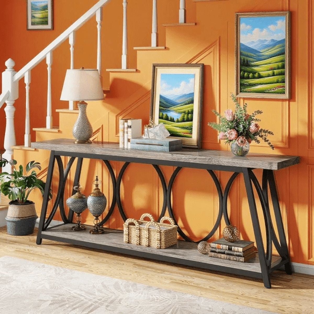 70.9" Vintage Rustic Console Table - Wood & Black Metal, 1.57" Particle Board with Bottom Shelf, 230lb Capacity for Living Room, Entryway, Behind Couch, Hallway