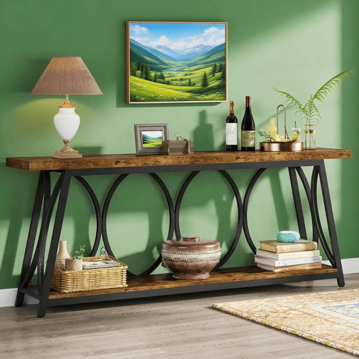 70.9" Vintage Rustic Console Table - Wood & Black Metal, 1.57" Particle Board with Bottom Shelf, 230lb Capacity for Living Room, Entryway, Behind Couch, Hallway