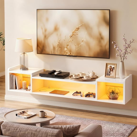 70.9"W Floating TV Stand with LED Lights & Power Outlets for 60 65 70 75 Inch TV Wall Mounted Entertainment Center with Storage for Living Room Wood Media Console Shelf White TV Shelf Wood