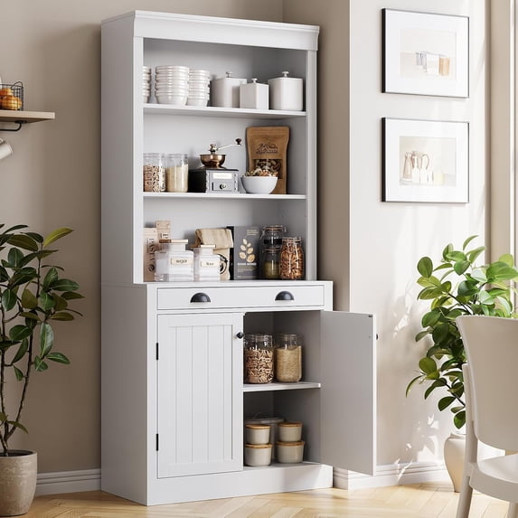 70.9"White Kitchen Pantry with Microwave Shelf,Farmhouse Kitchen Hutch Bar Cabinet with LED Lights&Sliding Barn Doors for Dining Room