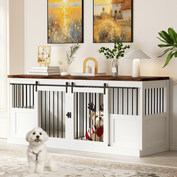 70.9'' Wooden Large Dog Crate, Double Dog Indoor Crate Kennel Furniture with Divider, White