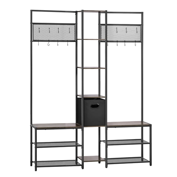 70.9 in Corner Hall Tree with Shoe Bench, Freestanding Coat Rack with Steel Frame & Anti-Tip, for Entryway Closet Office, Rustic Brown