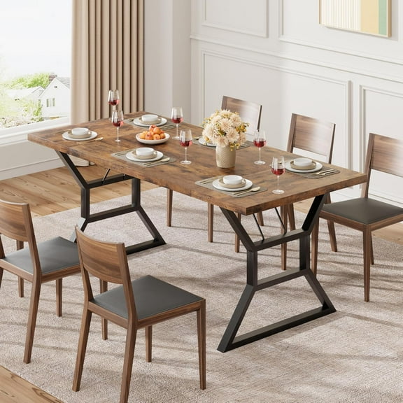 70.9 in Large Dining Room Table for 6, Rectangular Kitchen Table with Heavy Duty Metal Legs, Farmhouse Wooden Dining Table for Big Family (Brown)