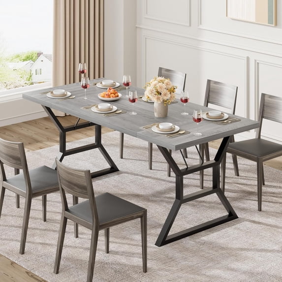 70.9 in Large Dining Room Table for 6, Rectangular Kitchen Table with Heavy Duty Metal Legs, Farmhouse Wooden Dining Table for Big Family (Grey)