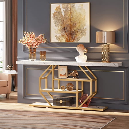 70.9 inch Extra Long Console Sofa Table, Modern Gold Entryway Table Behind Couch for Living Room, Faux Marble White