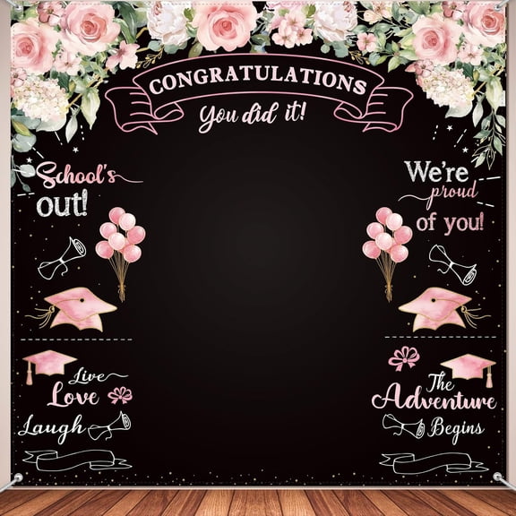 70.9 x 70.9 Inch Class of 2026 Graduation Backdrops for Photoshoot Fabric Floral Congratulation Backdrop Congrats Photography Background for Graduation Prom Party Decor Photo(Pink,Black)