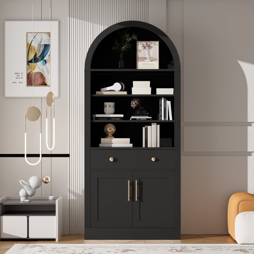 70.90"H Arched Bookshelf with Storage Cabinet, Tall Display Bookcase with Doors, Drawer & Adjustable Shelves, Freestanding Pantry Cabinet for Living Room, Home Office, Bathroom, Black