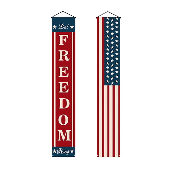 70.9IN Independence Day Porch Banner Decorations, American Flag Welcome & Freedom Hanging Sign Set for 4th of July, Patriotic Front Door Decor, Set of 2