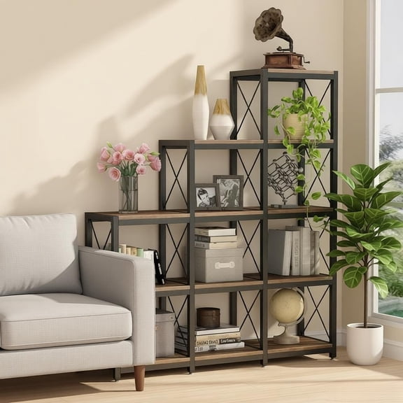 70.9in 9 Cube Stepped Corner Bookshelf Ladder Bookcase Storage Cabinet Industrial Vintage Design E1 Particle Board Metal Frame 30lbs Per Shelf for Living Room Home Office Small Space Apartment Black