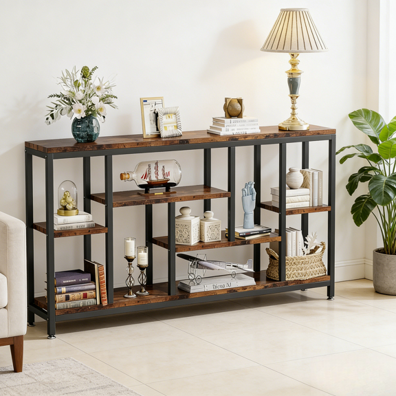 70.9in Long Console Table Entryway Sofa Table Narrow Industrial Style with Storage Shelves Metal Frame Particle Board 330lbs Capacity for Living Room Hallway Entryway Behind Couch Brown Black