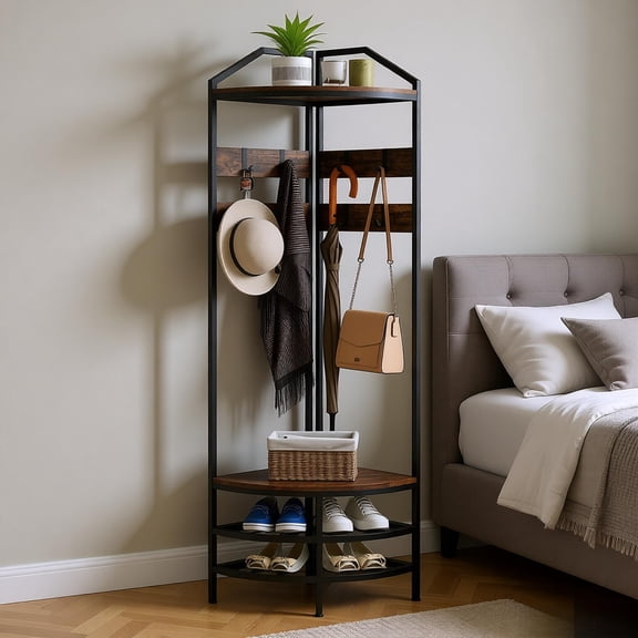 70.9in Tall Hall Tree Coat Rack with 8 Hooks 2 Tier Shoe Rack 2 Storage Shelves Industrial Corner Entryway Organizer Rustic Brown Black Steel Frame for Hallway Mudroom Apartment Small Space