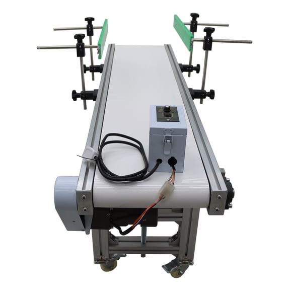 70.9x11.8 Inch PVC Belt Conveyor Industrial Flat Belt Transport Machine Adjustable Speed Double Guardrail 110V Load 66-88LBS White