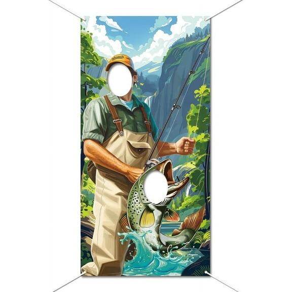 70.9x35.4 Inch Fishing Man Fish Mouth Face Photo Background Large Fabric Fishing Background for Fishing Tournament Birthday Party Game Supply Colorful