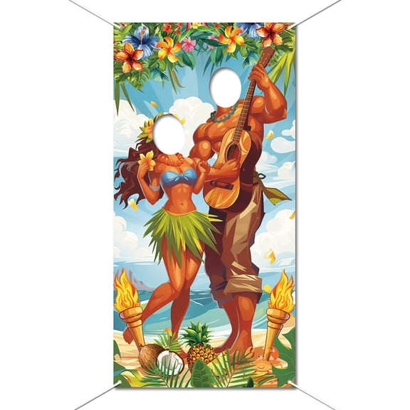 70.9x35.4 Inch Hawaiian Photo Props Banner Tropical Luau Tiki Couple Door Banner Fabric Hawaiian Luau Photo Booth Background for Party Door Banner