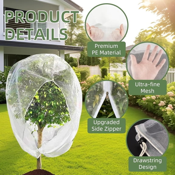 70.9x70.9 Inch 40 Mesh Garden Insect Netting Drawstring Zipper Plant Cover for Tree Fruit Vegetable Greenhouse Outdoor(White)