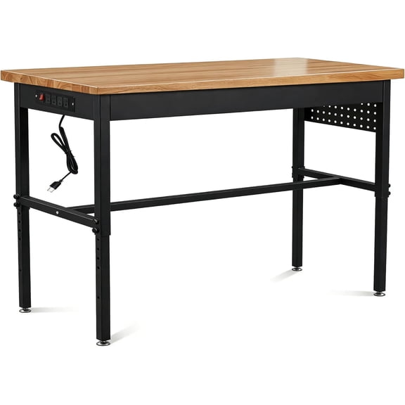 70" Adjustable Height Workbench with Pegboard & Power Outlet – Heavy Duty 2500 lbs Load Capacity, Hardwood Top, Height Range 29.5-38.6" for Garage, Workshop, Office, Home