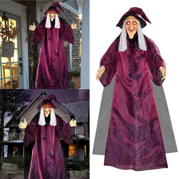 70" Animated Witch Decorations Outdoor Indoor Witch Decor Scary Animatronics, Hanging Talking Witch Sound Activated Led Lights Eyes Haunted House Garden Lawn