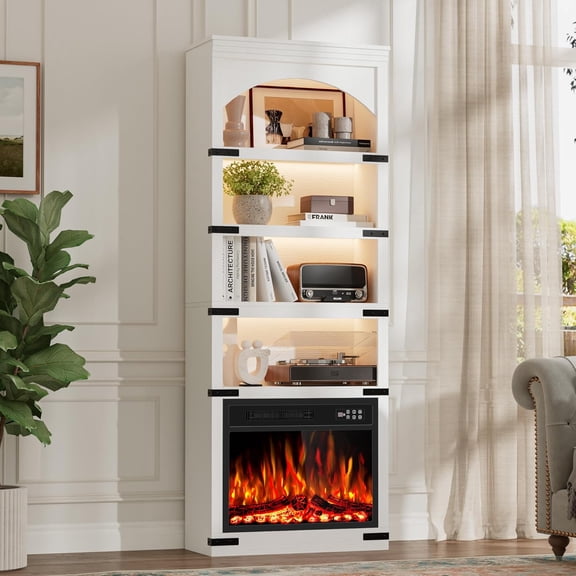 70” Arched Bookcase with 23" Electric Fireplace & LED Lights, 4-Tier Tall Bookshelf Open Storage, Modern Storage Organizer Display Cabinet for Living Room, Office, Home, White