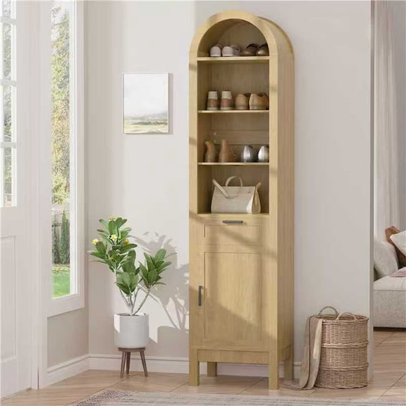 70" Arched Bookshelf with Drawer & Cabinet, 6-Tier Arch Bookcase with Adjustable Shelf, Tall Arched Cabinet with Doors and Open Display Shelves, Modern Bookshelf with Drawers for Living Room, Natural