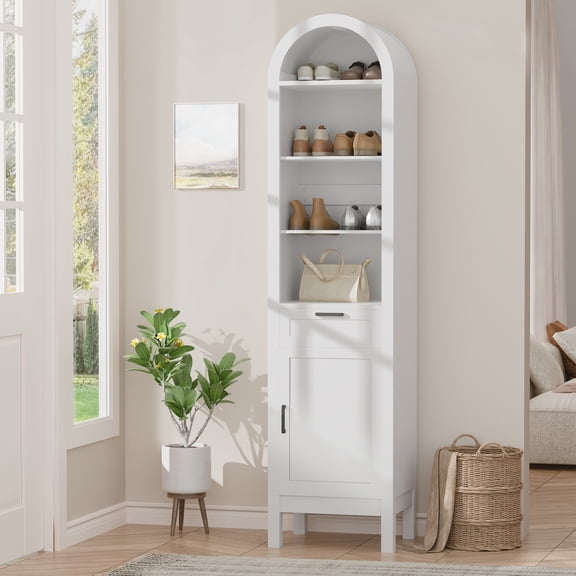 70" Arched Bookshelf with Drawer & Cabinet, 6-Tier Arch Bookcase with Adjustable Shelf, Tall Arched Cabinet with Doors and Open Display Shelves, Modern Bookshelf with Drawers for Living Room, White