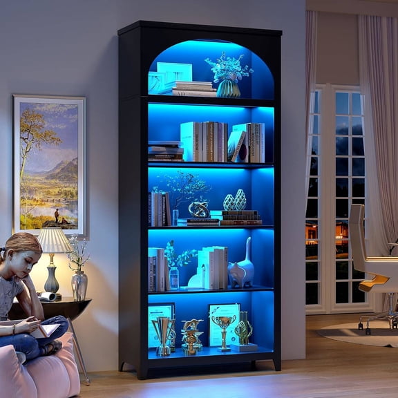 70" Arched Bookshelf with Motion Sensor Lights, 5-Tier Storage Cabinet for Living Room, Study & Office