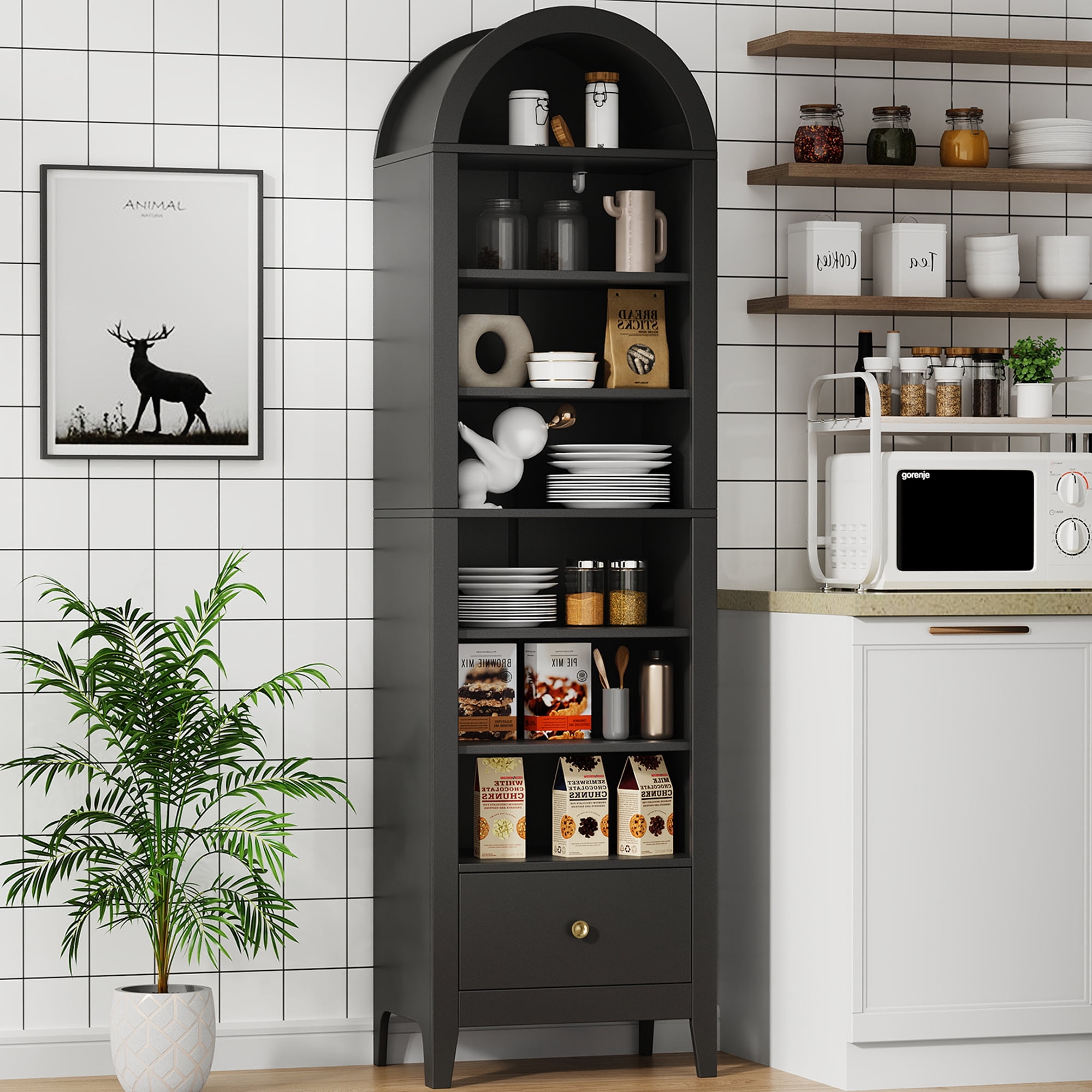 70" Arched Tall Kitchen Pantry Cabinet, 8-Tier Arched Storage Cabinet with Doors and Shelves, Shoe Cabinet for Entryway, Living Room, Hallway,Black