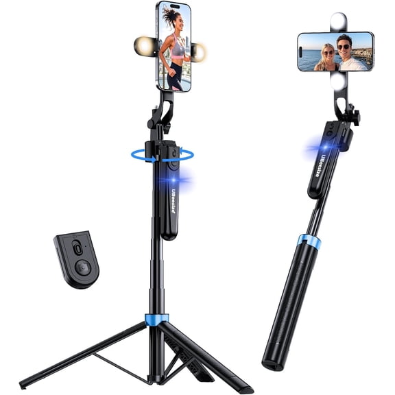 70'' Auto Face Tracking Tripod 360 Rotation with Stand, Phone Tripod with Fill Light, Selfie Stick & Phone Stand for Recording, Vlog/Live Stream/Video/TikTok, Compatible with iPhone/Android