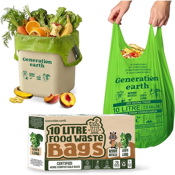 70 Bags 2.6 Gallon (10L) | Extra Strong Compostable Food Waste Bags | BPI Certified Corn Starch Bin Liners | Biodegradable Kitchen Countertop Compost Bags | General