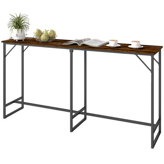 70" Bar Table with Charging Station, Industrial Rectangular Bar Height Pub Table with Steel Frame, Rustic Brown