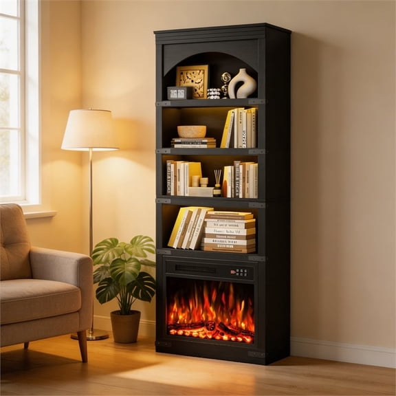 70"H Black Arched Bookcase with LED Lights and 5 Shelves in Engineered Wood