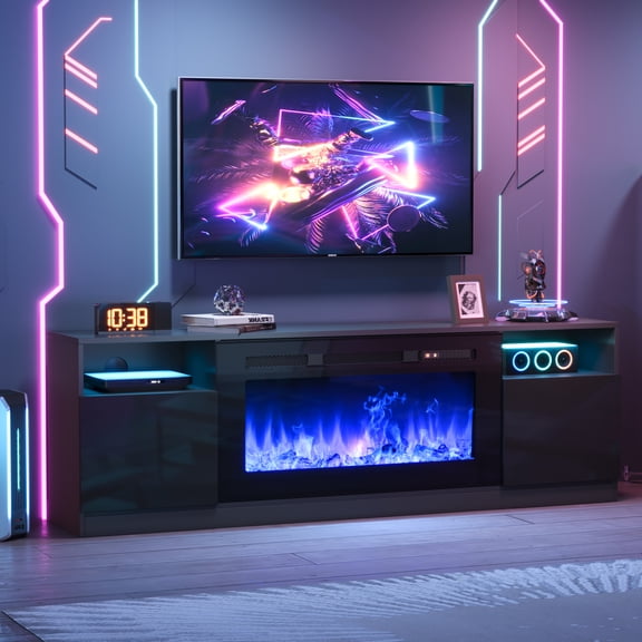 70" Black TV Stand with Built-in Fireplace, Media Console Entertainment Center for TVs Up to 80" - LED Accent Lights & Storage Cabinets